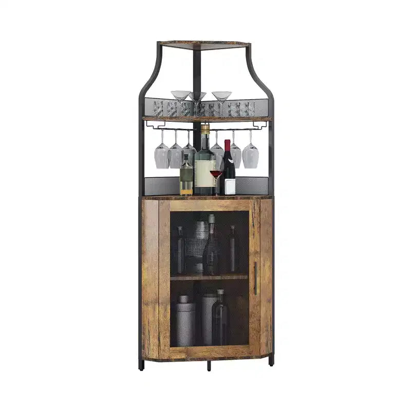 Meuble à vin d'angle, porte-bouteilles en métal pouvant contenir plus de 50 bouteilles et verres, rangement à vin au sol pour cuisine, salle à manger, bureau, bar