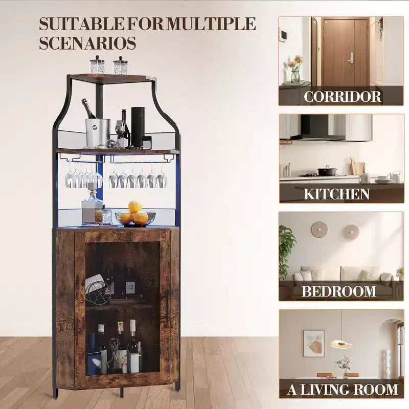 Meuble à vin d'angle, porte-bouteilles en métal pouvant contenir plus de 50 bouteilles et verres, rangement à vin au sol pour cuisine, salle à manger, bureau, bar