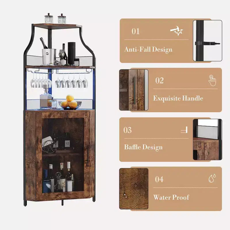 Meuble à vin d'angle, porte-bouteilles en métal pouvant contenir plus de 50 bouteilles et verres, rangement à vin au sol pour cuisine, salle à manger, bureau, bar
