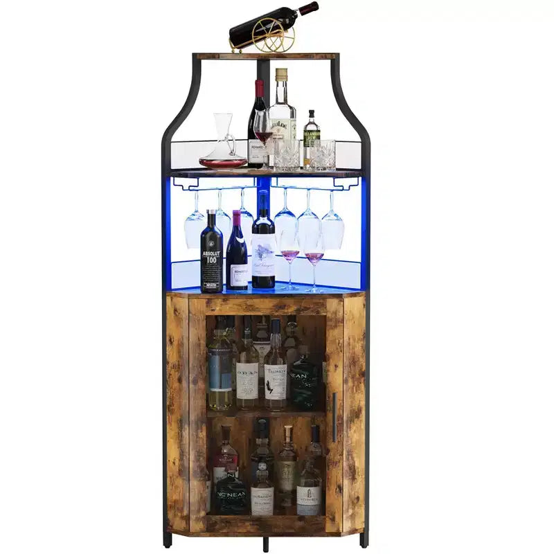 Meuble à vin d'angle, porte-bouteilles en métal pouvant contenir plus de 50 bouteilles et verres, rangement à vin au sol pour cuisine, salle à manger, bureau, bar