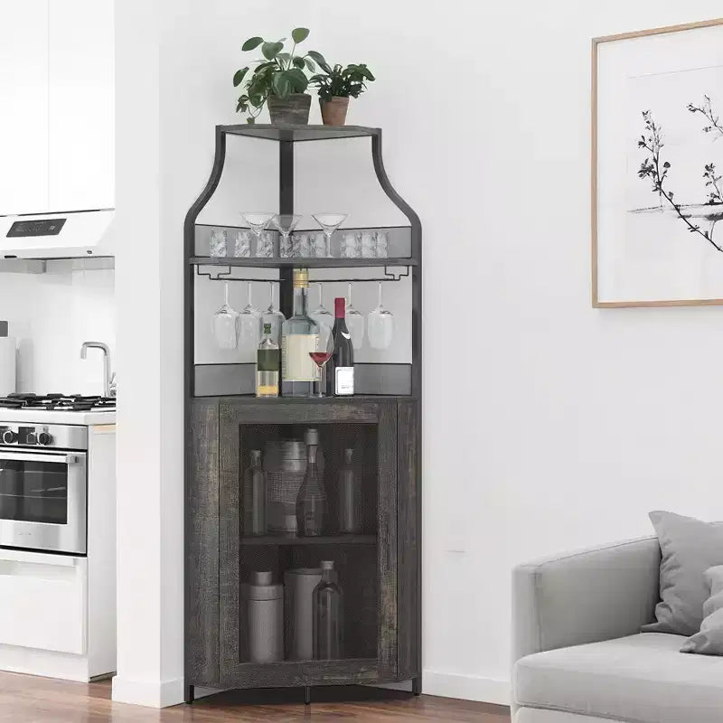 Meuble à vin d'angle, porte-bouteilles en métal pouvant contenir plus de 50 bouteilles et verres, rangement à vin au sol pour cuisine, salle à manger, bureau, bar