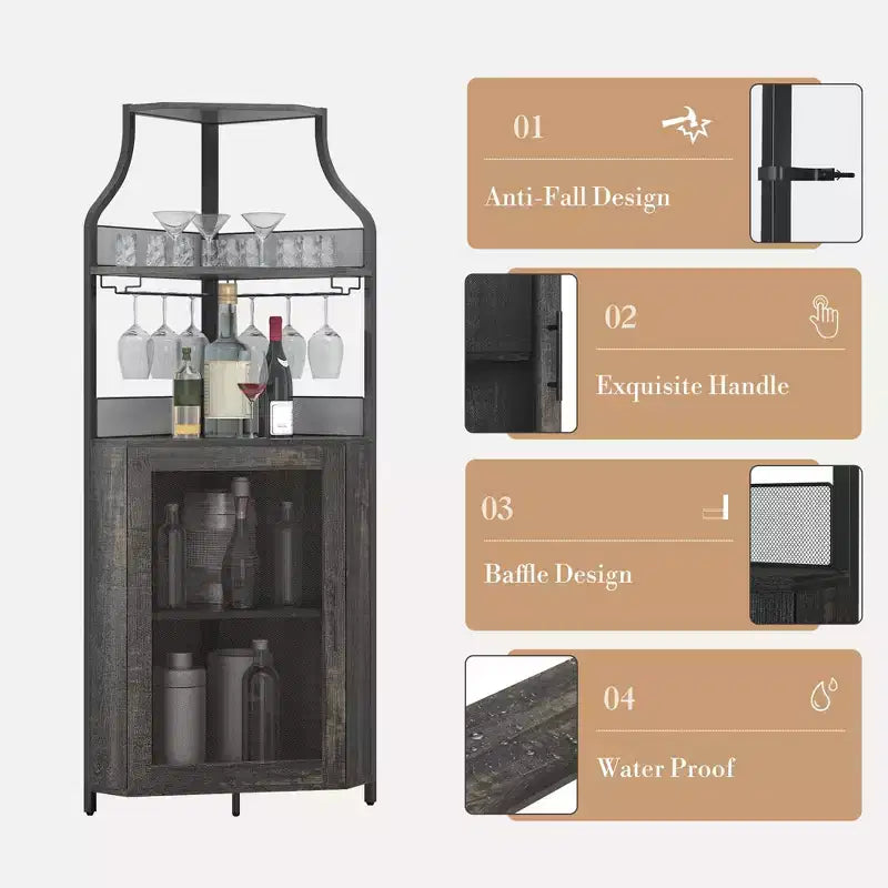 Meuble à vin d'angle, porte-bouteilles en métal pouvant contenir plus de 50 bouteilles et verres, rangement à vin au sol pour cuisine, salle à manger, bureau, bar