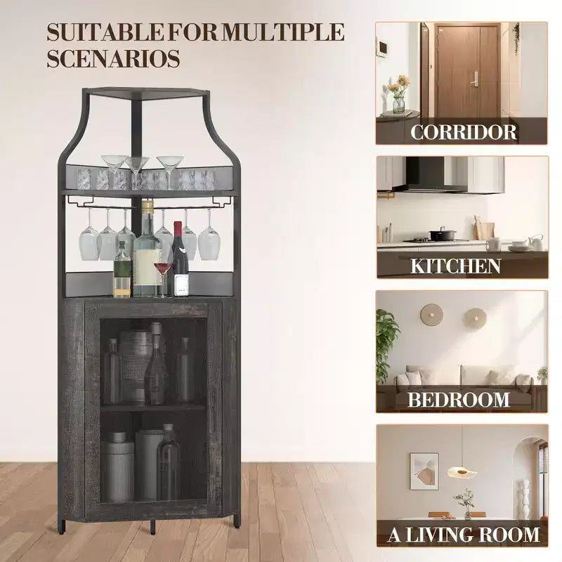 Meuble à vin d'angle, porte-bouteilles en métal pouvant contenir plus de 50 bouteilles et verres, rangement à vin au sol pour cuisine, salle à manger, bureau, bar