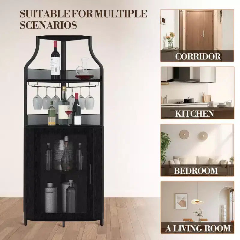 Meuble à vin d'angle, porte-bouteilles en métal pouvant contenir plus de 50 bouteilles et verres, rangement à vin au sol pour cuisine, salle à manger, bureau, bar