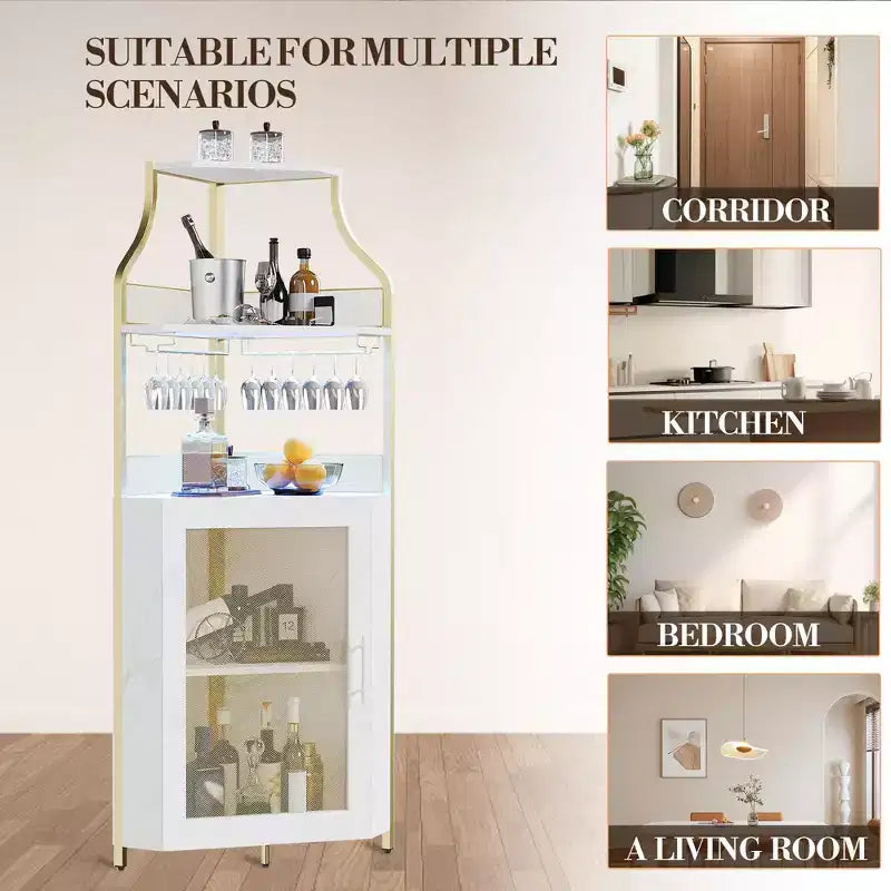 Meuble à vin d'angle, porte-bouteilles en métal pouvant contenir plus de 50 bouteilles et verres, rangement à vin au sol pour cuisine, salle à manger, bureau, bar