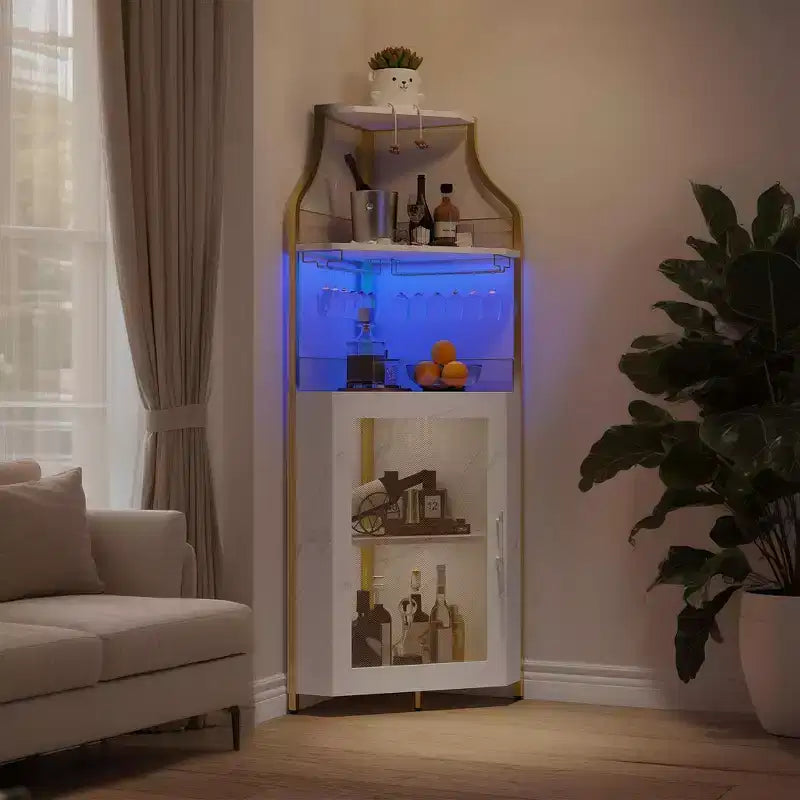 Meuble à vin d'angle, porte-bouteilles en métal pouvant contenir plus de 50 bouteilles et verres, rangement à vin au sol pour cuisine, salle à manger, bureau, bar