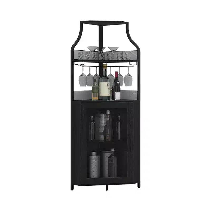 Meuble à vin d'angle, porte-bouteilles en métal pouvant contenir plus de 50 bouteilles et verres, rangement à vin au sol pour cuisine, salle à manger, bureau, bar