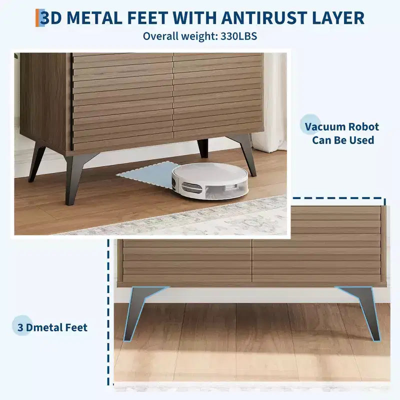 Meuble de rangement cannelé avec pieds en métal, buffet moderne du milieu du siècle, crédence avec rangement