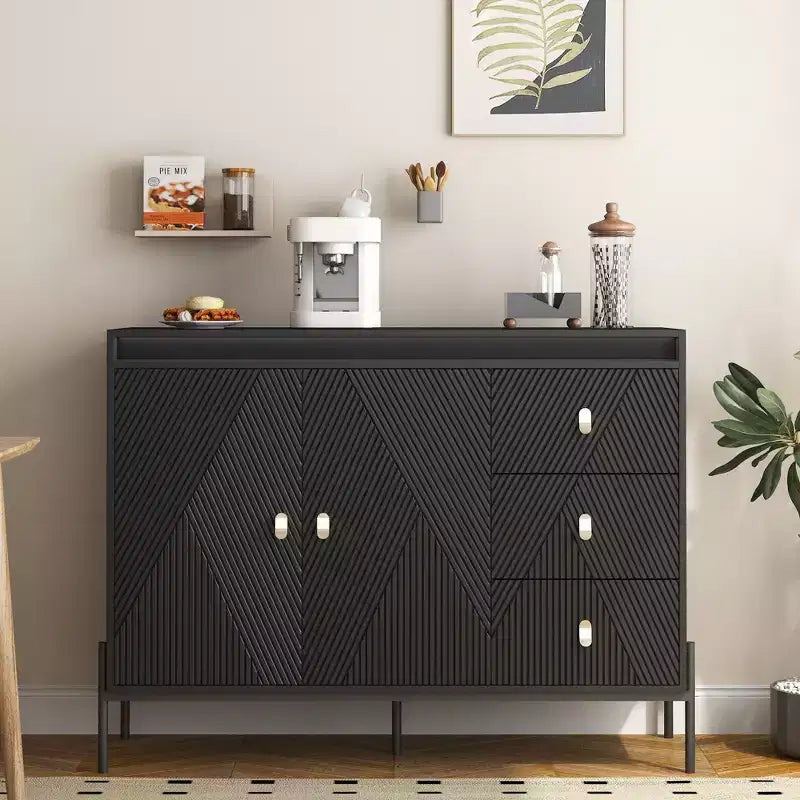 Madia Buffet Okak con Contenitore, Credenza Scanalata con Ante e Ripiani Regolabili, Tavolo Consolle da Salotto/Sala da Pranzo/Mobile Bar
