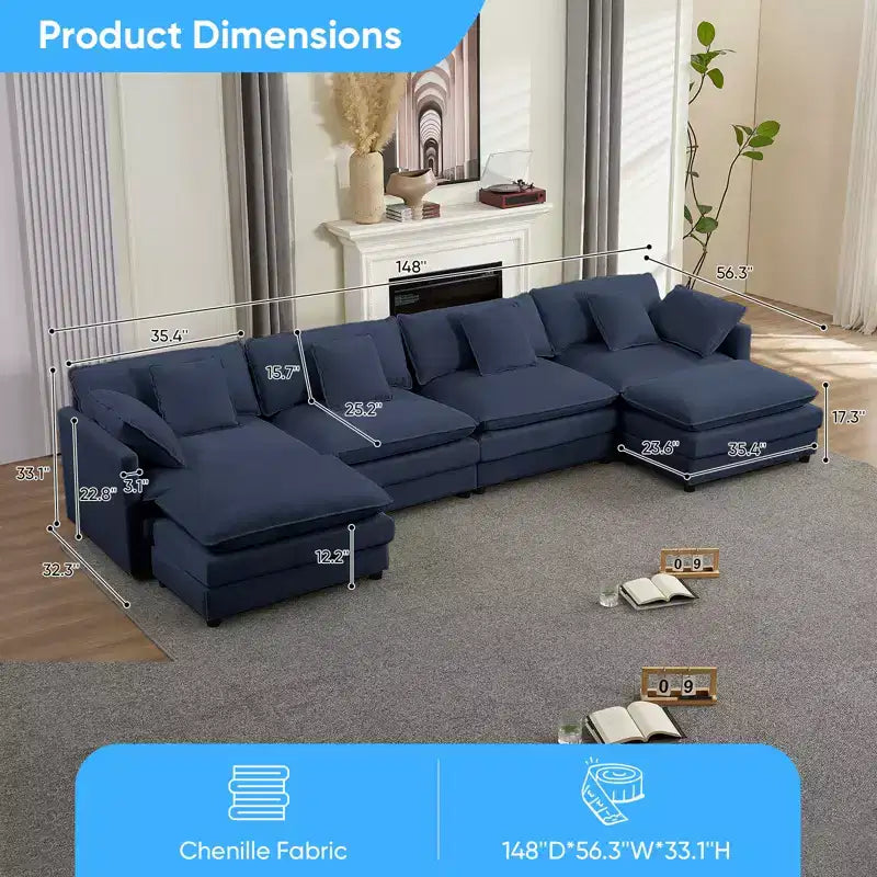 Mjkone Divano componibile oversize da 148'', divano a U a 6 posti rivestito in ciniglia con seduta profonda e 2 pouf