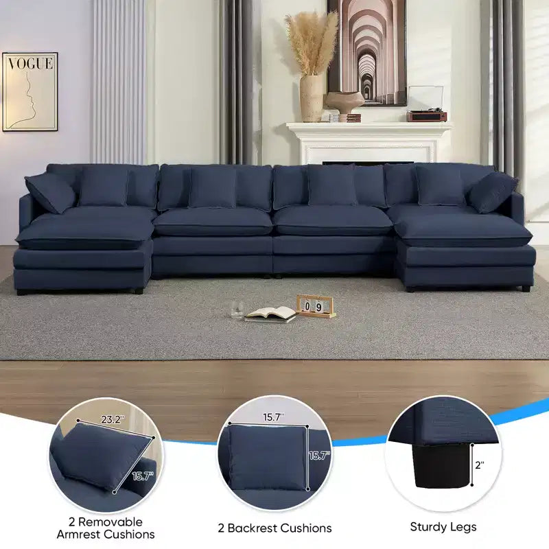Mjkone Divano componibile oversize da 148'', divano a U a 6 posti rivestito in ciniglia con seduta profonda e 2 pouf