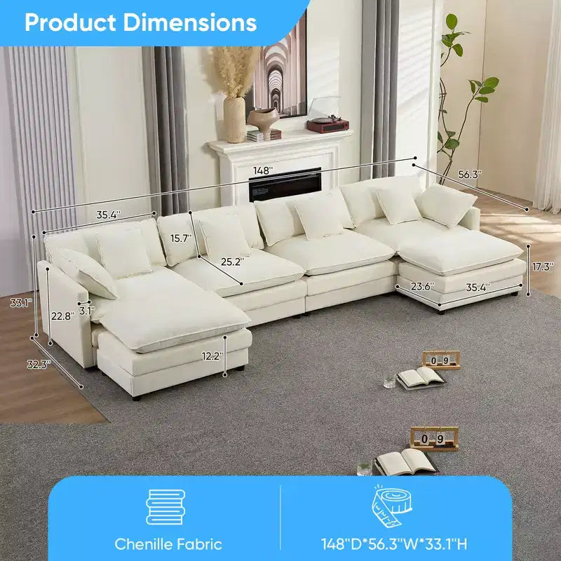 Mjkone Divano componibile oversize da 148'', divano a U a 6 posti rivestito in ciniglia con seduta profonda e 2 pouf