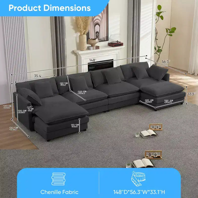 Mjkone Divano componibile oversize da 148'', divano a U a 6 posti rivestito in ciniglia con seduta profonda e 2 pouf