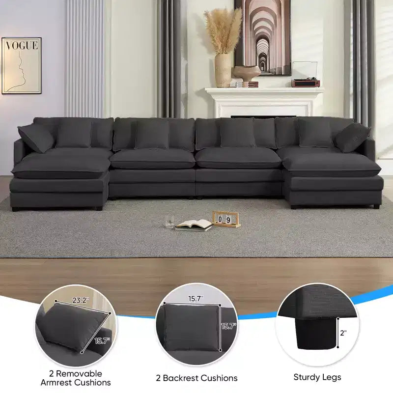 Mjkone Divano componibile oversize da 148'', divano a U a 6 posti rivestito in ciniglia con seduta profonda e 2 pouf