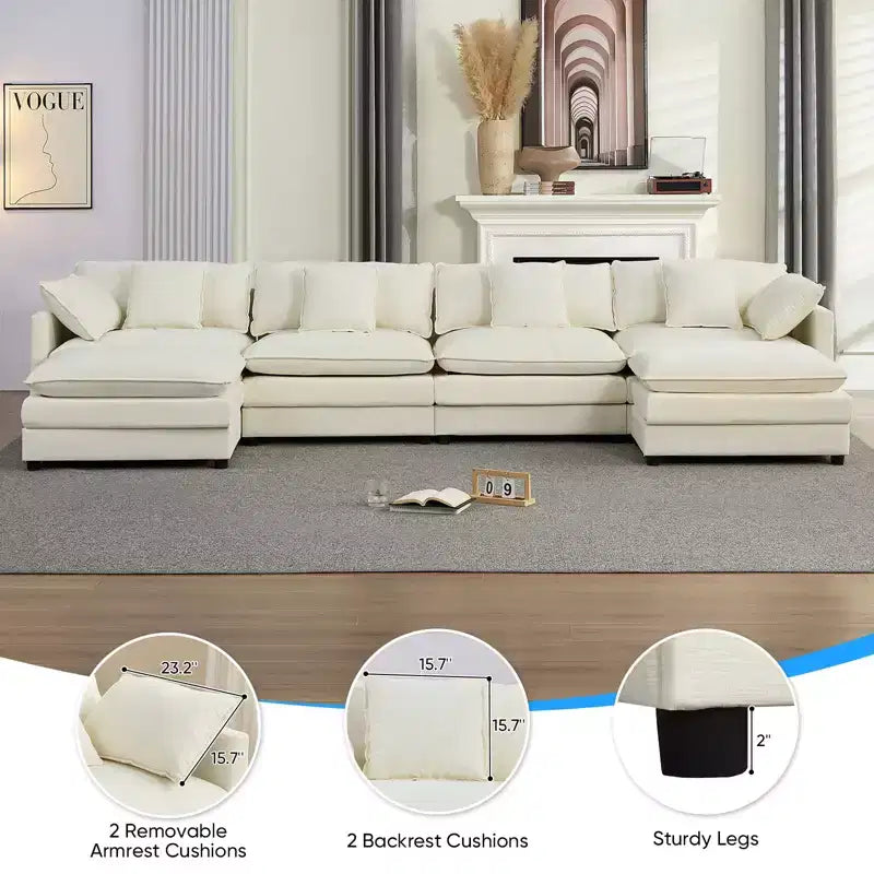 Mjkone Divano componibile oversize da 148'', divano a U a 6 posti rivestito in ciniglia con seduta profonda e 2 pouf