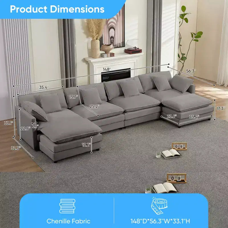Mjkone Divano componibile oversize da 148'', divano a U a 6 posti rivestito in ciniglia con seduta profonda e 2 pouf