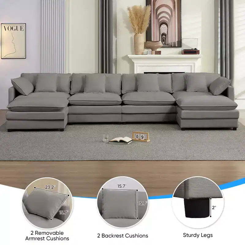 Mjkone Divano componibile oversize da 148'', divano a U a 6 posti rivestito in ciniglia con seduta profonda e 2 pouf