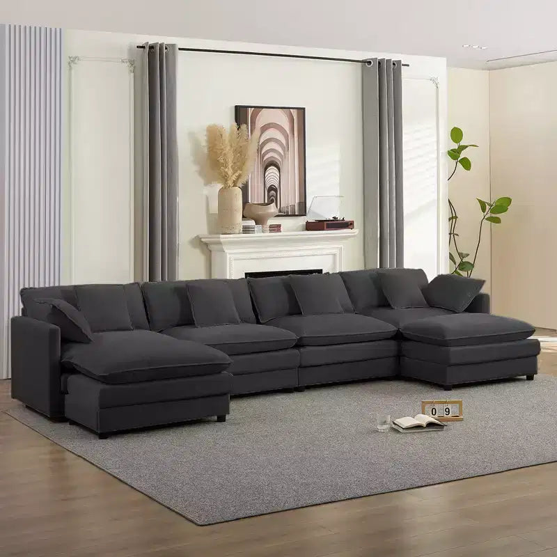 Mjkone Divano componibile oversize da 148'', divano a U a 6 posti rivestito in ciniglia con seduta profonda e 2 pouf
