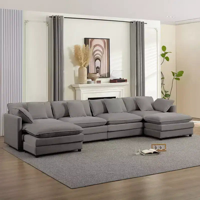 Mjkone Divano componibile oversize da 148'', divano a U a 6 posti rivestito in ciniglia con seduta profonda e 2 pouf