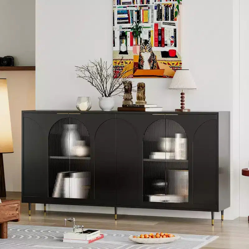 Mobiletto accentato in legno laccato con 4 ante in vetro Credenza Buffet Server Armadietto contenitore