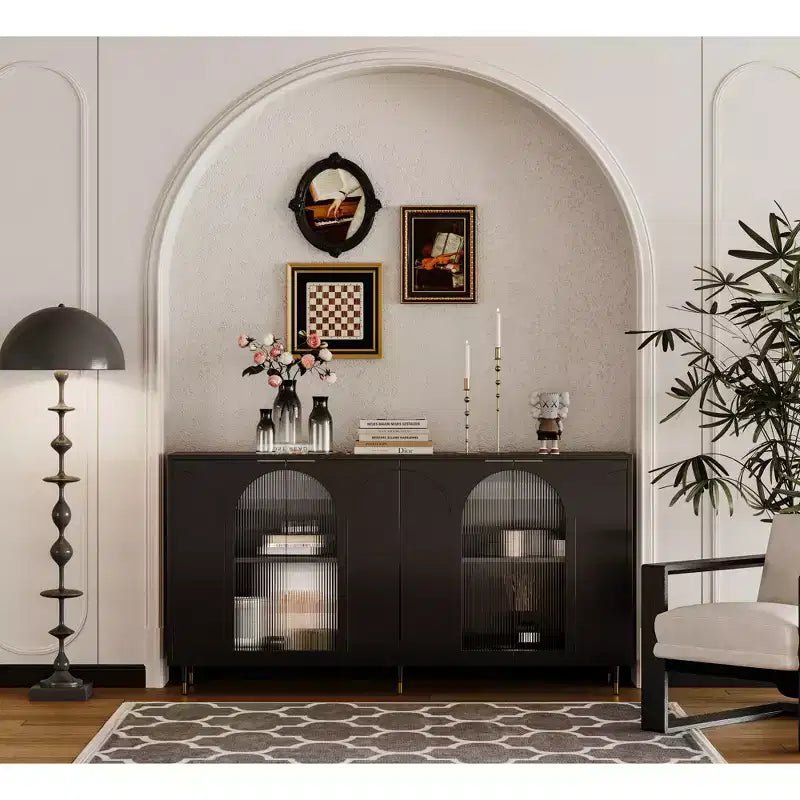 Mobiletto accentato in legno laccato con 4 ante in vetro Credenza Buffet Server Armadietto contenitore