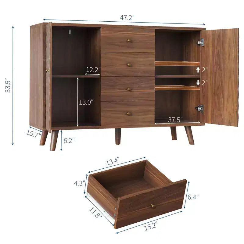 Madia a buffet 47,2" con 4 cassetti, mobile buffet con spazio di archiviazione, in legno stile rustico, buffet con 2 ante e spazio di archiviazione per soggiorno