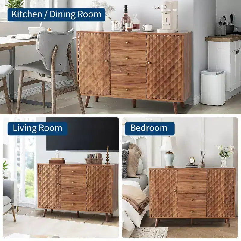 Madia a buffet 47,2" con 4 cassetti, mobile buffet con spazio di archiviazione, in legno stile rustico, buffet con 2 ante e spazio di archiviazione per soggiorno