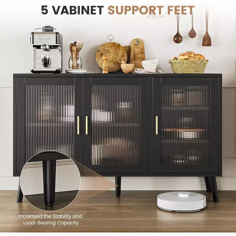 Credenza da Cucina da 48 pollici con 3 Ante in Vetro Scanalato, Ripiani Rimovibili, Mobile Contenitore Nero Decorativo per Soggiorno, Sala da Pranzo, Cucina