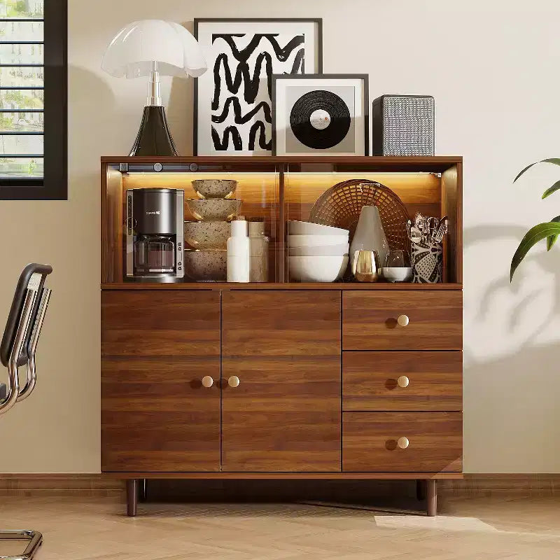 Famapy Vintage Style Side Storage Cabinet Buffet Accent Cabinet with LED Lighting and Acrylic Sliders for Display and Organization