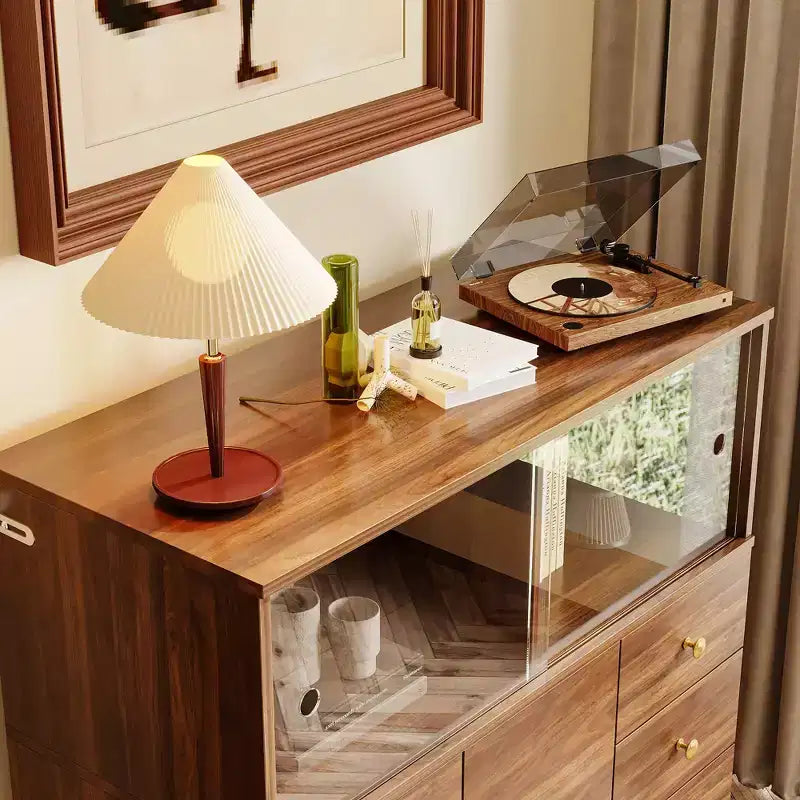 Credenza/Mobile Buffet Stile Vintage Famapy con Vetrina Illuminata a LED e Ante Scorrevoli in Acrilico per Esposizione e Organizzazione