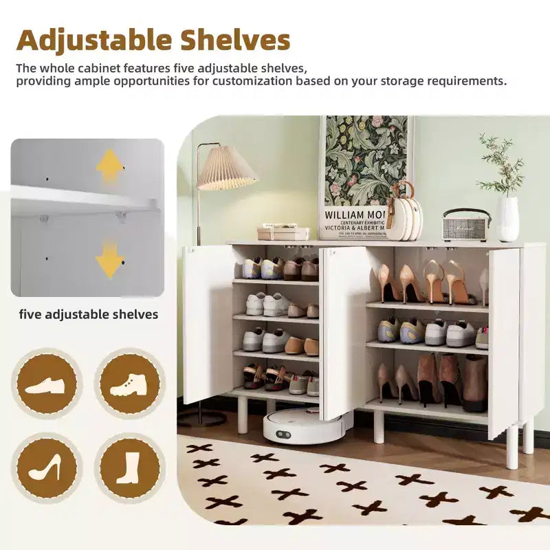 Okak Mobile Buffet Minimalista con Ante e Ripiani, con 5 Gambe in Legno Massello, Scarpiera con Ripiano Regolabile per Soggiorno Cucina