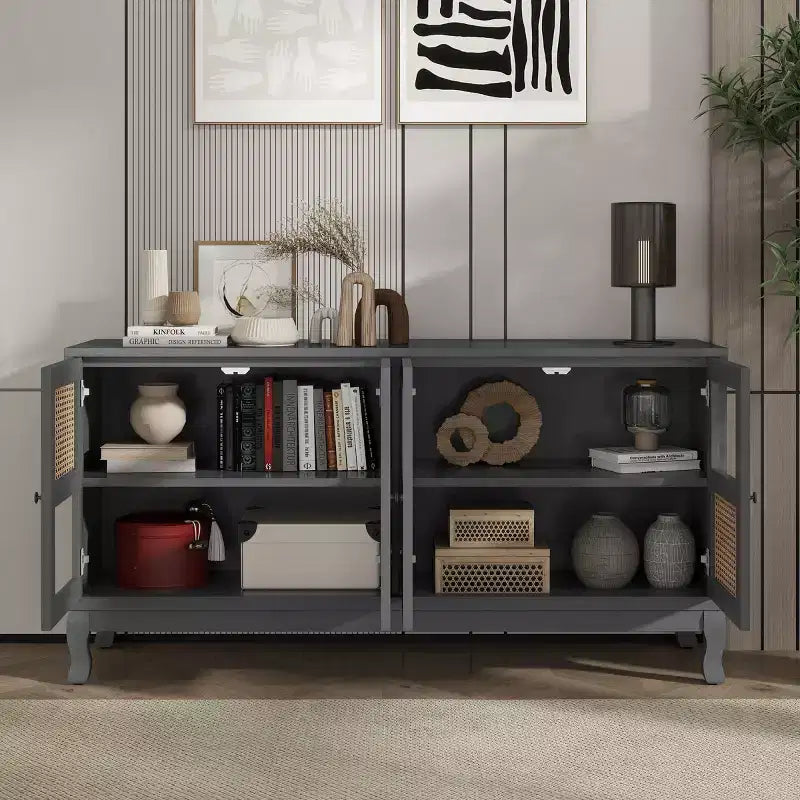 Bahut de buffet Okak rétro avec rangement et 4 portes en rotin, meuble d'appoint avec verre transparent pour cuisine, salle à manger, entrée