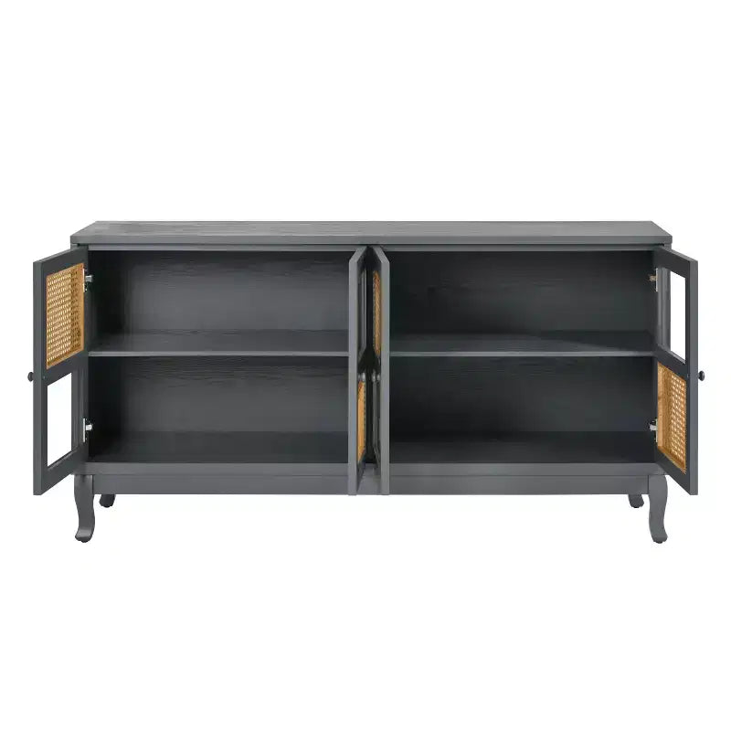 Bahut de buffet Okak rétro avec rangement et 4 portes en rotin, meuble d'appoint avec verre transparent pour cuisine, salle à manger, entrée