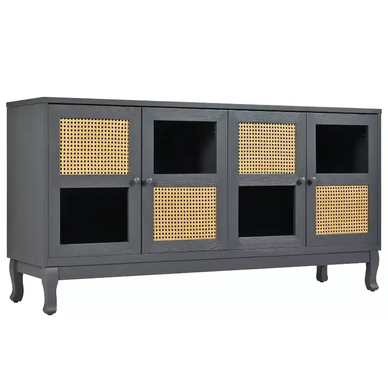 Bahut de buffet Okak rétro avec rangement et 4 portes en rotin, meuble d'appoint avec verre transparent pour cuisine, salle à manger, entrée