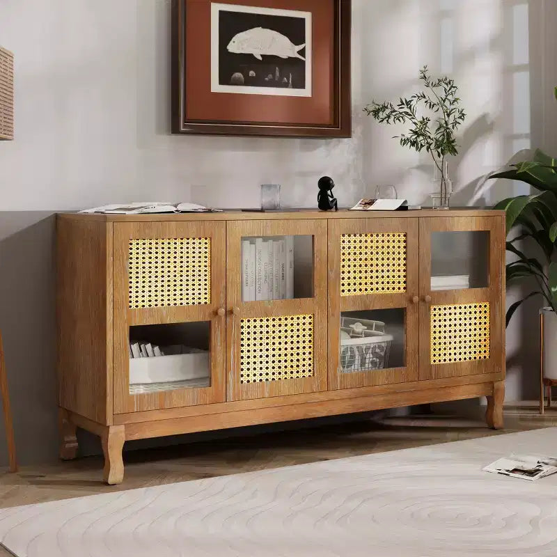 Bahut de buffet Okak rétro avec rangement et 4 portes en rotin, meuble d'appoint avec verre transparent pour cuisine, salle à manger, entrée