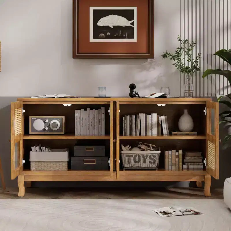 Bahut de buffet Okak rétro avec rangement et 4 portes en rotin, meuble d'appoint avec verre transparent pour cuisine, salle à manger, entrée