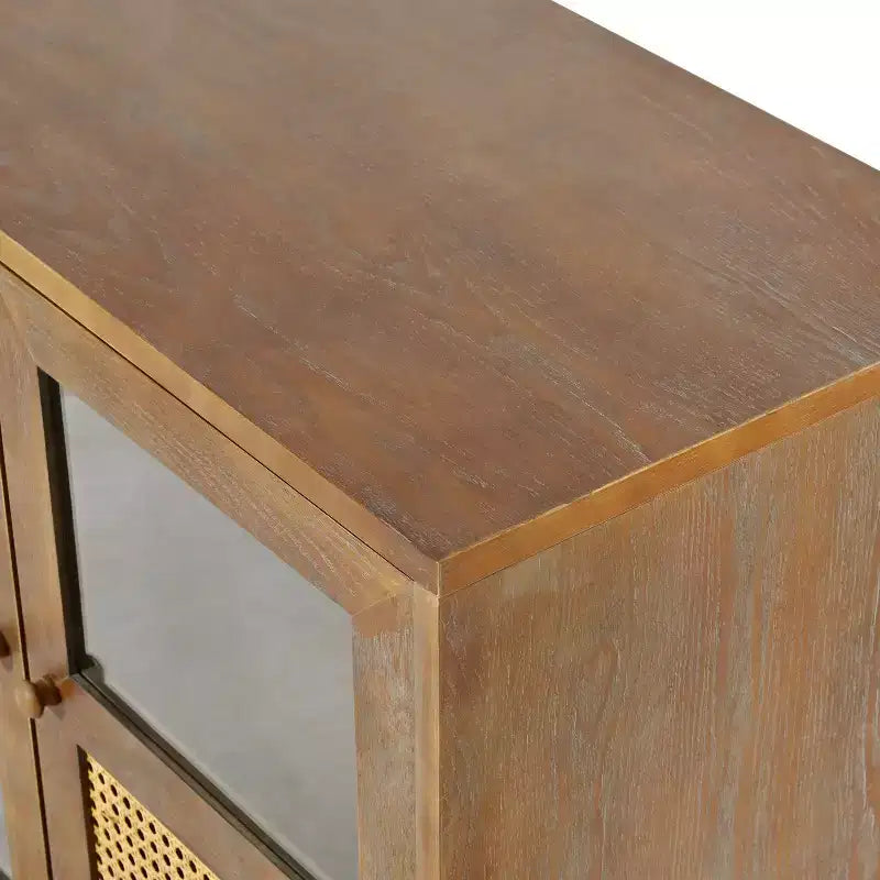 Bahut de buffet Okak rétro avec rangement et 4 portes en rotin, meuble d'appoint avec verre transparent pour cuisine, salle à manger, entrée