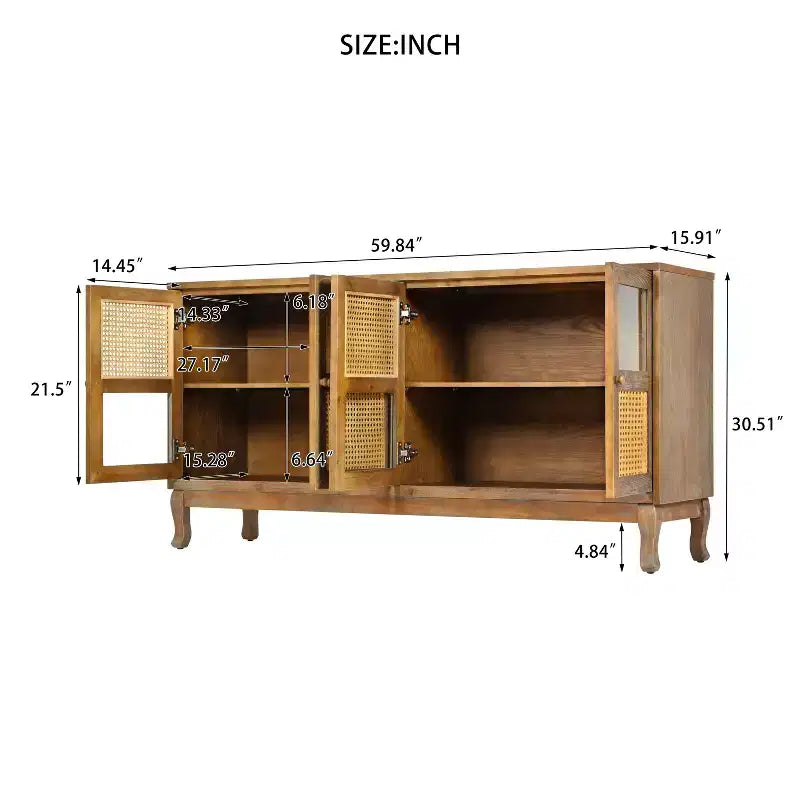 Bahut de buffet Okak rétro avec rangement et 4 portes en rotin, meuble d'appoint avec verre transparent pour cuisine, salle à manger, entrée
