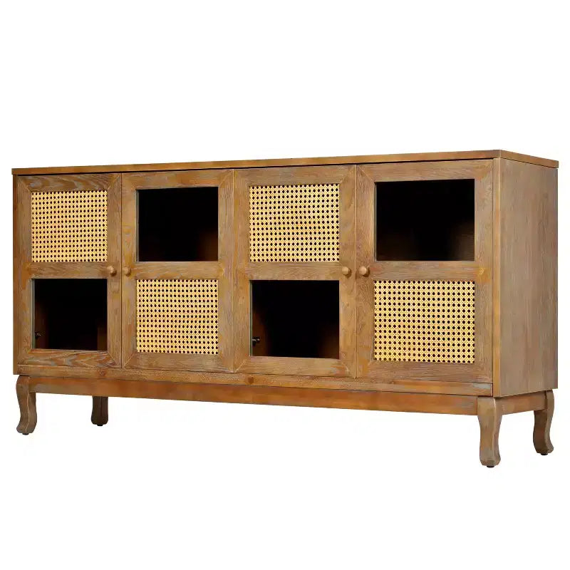 Bahut de buffet Okak rétro avec rangement et 4 portes en rotin, meuble d'appoint avec verre transparent pour cuisine, salle à manger, entrée