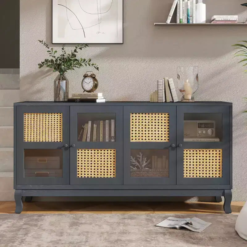 Bahut de buffet Okak rétro avec rangement et 4 portes en rotin, meuble d'appoint avec verre transparent pour cuisine, salle à manger, entrée