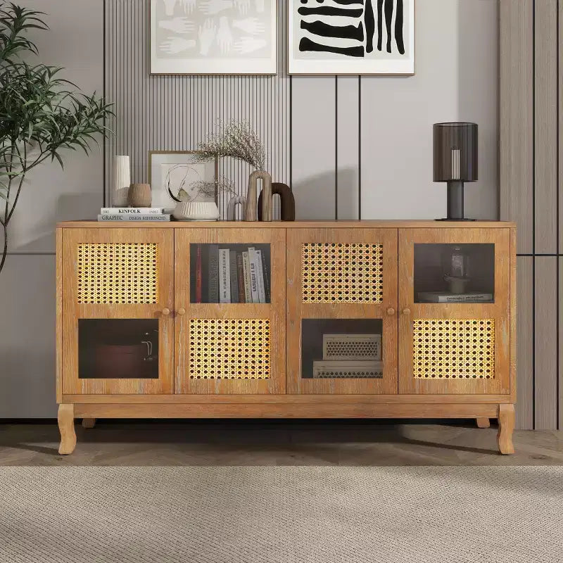 Okak Retro Sideboard Buffet Cabinet with Storage and 4 Rattan Door, Accent Cabinet with Transparent Glass for Kitchen Dining Room Entryway