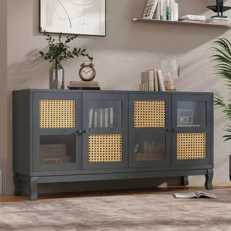Madia/Credenza Okak Retro con Mobile Buffets e Ante Contenitore a 4 Sportelli in Rattan, Madia con Vetro Trasparente per Cucina Sala da Pranzo Ingresso