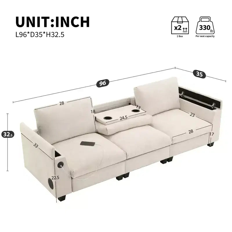 Divano componibile a 3 posti in ciniglia da 96 W con altoparlante Bluetooth, tavolino a ribalta, caricatore USB e bracciolo portaoggetti