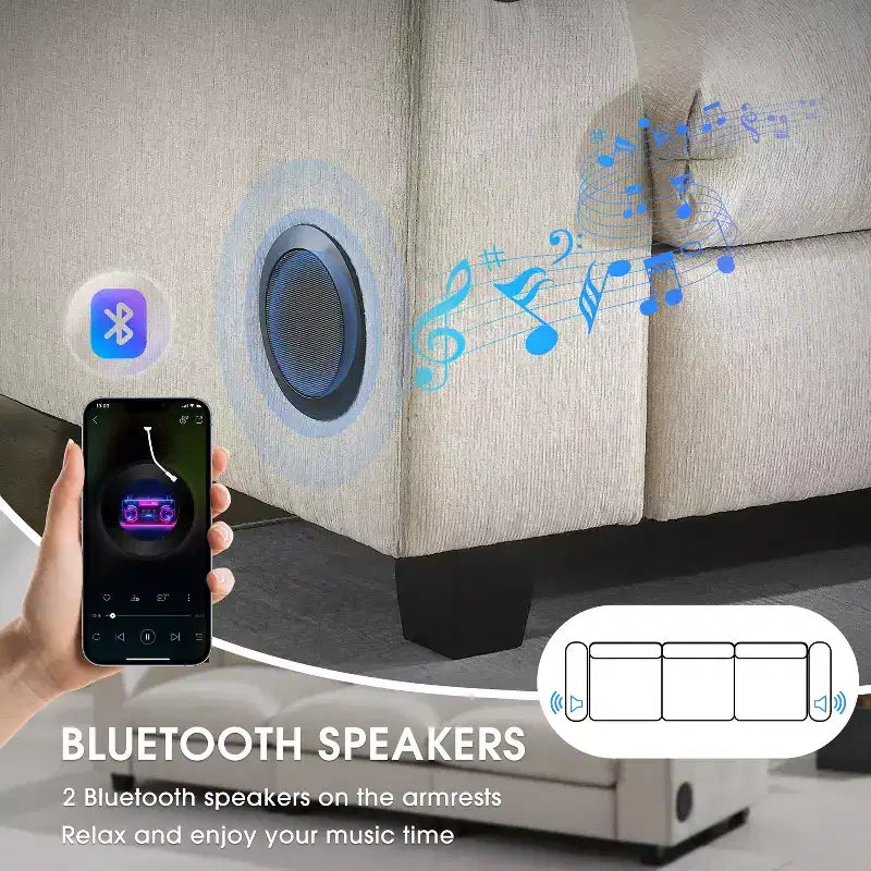 Divano componibile a 3 posti in ciniglia da 96 W con altoparlante Bluetooth, tavolino a ribalta, caricatore USB e bracciolo portaoggetti