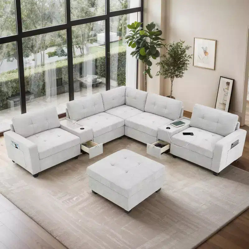 Divano Sezionale a U a 6 Posti in ciniglia da 104" W con Caricatore USB, Cassetti Contenitore, Tavolino in Acrilico e Pouf Movibile
