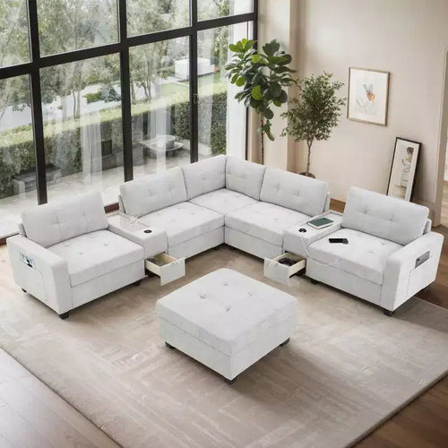 Divano Sezionale a U a 6 Posti in ciniglia da 104" W con Caricatore USB, Cassetti Contenitore, Tavolino in Acrilico e Pouf Movibile