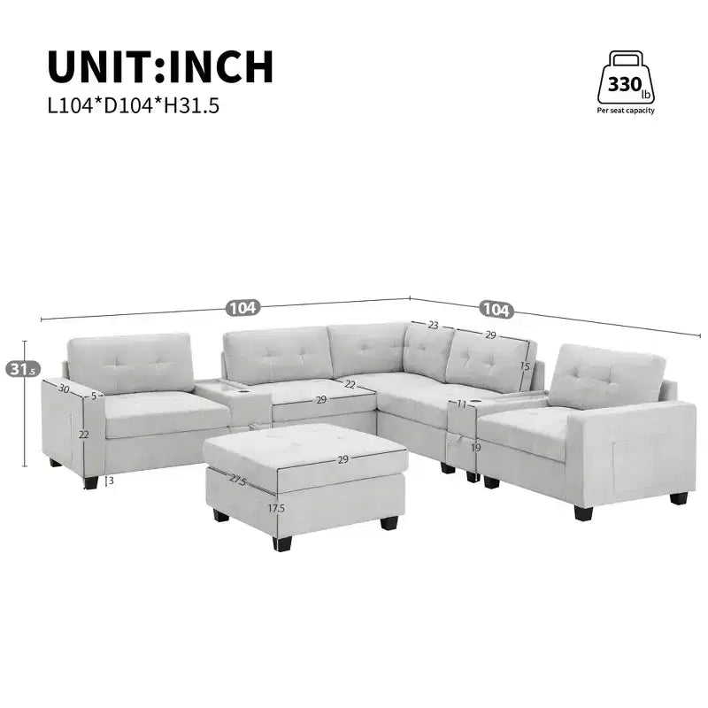 Divano Sezionale a U a 6 Posti in ciniglia da 104" W con Caricatore USB, Cassetti Contenitore, Tavolino in Acrilico e Pouf Movibile