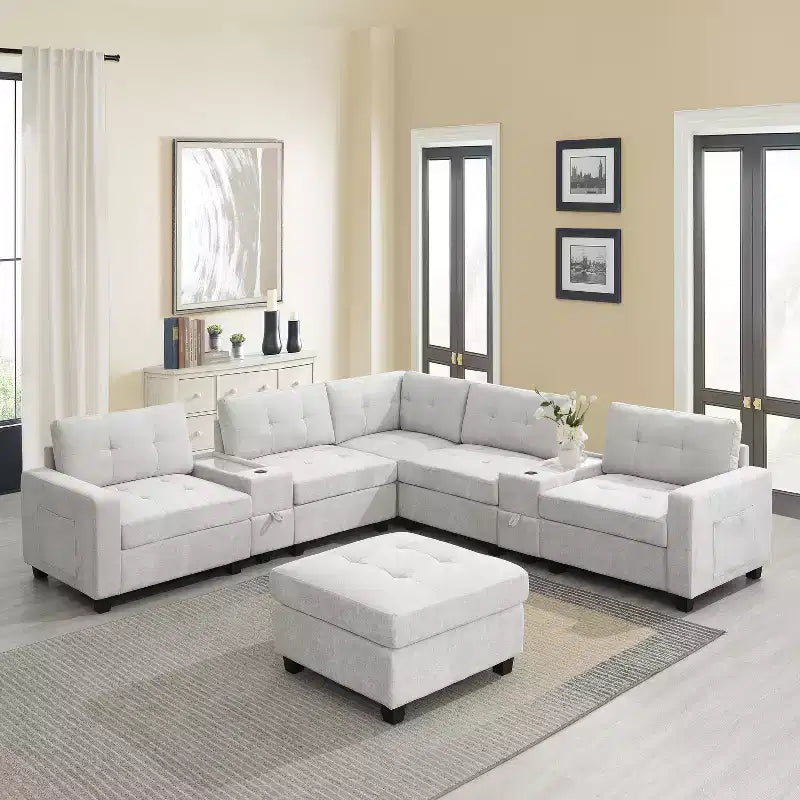 Divano Sezionale a U a 6 Posti in ciniglia da 104" W con Caricatore USB, Cassetti Contenitore, Tavolino in Acrilico e Pouf Movibile
