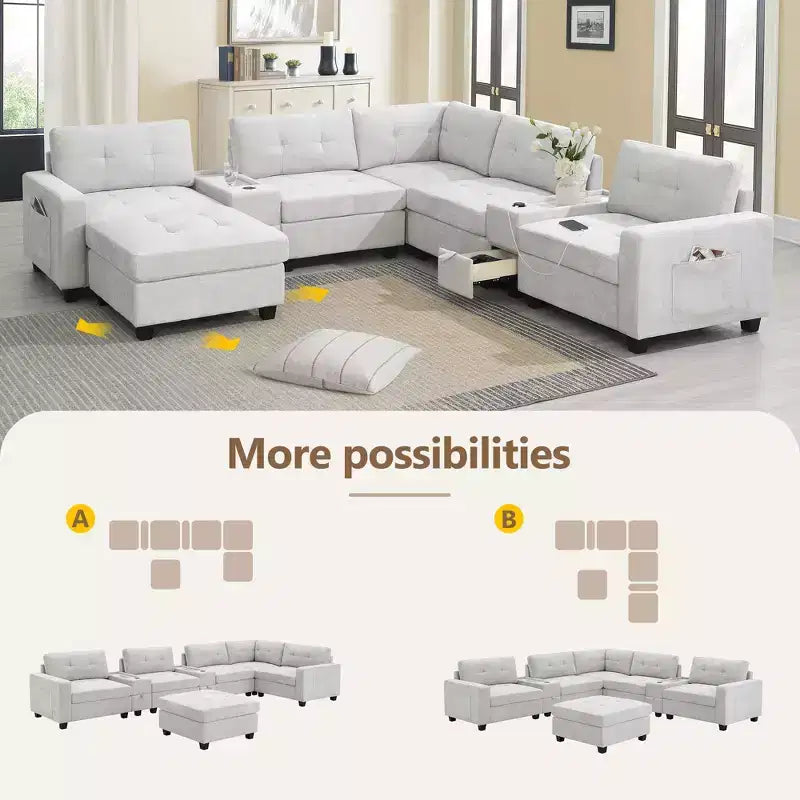 Divano Sezionale a U a 6 Posti in ciniglia da 104" W con Caricatore USB, Cassetti Contenitore, Tavolino in Acrilico e Pouf Movibile