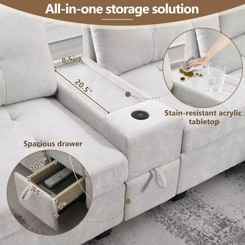 Divano Sezionale a U a 6 Posti in ciniglia da 104" W con Caricatore USB, Cassetti Contenitore, Tavolino in Acrilico e Pouf Movibile